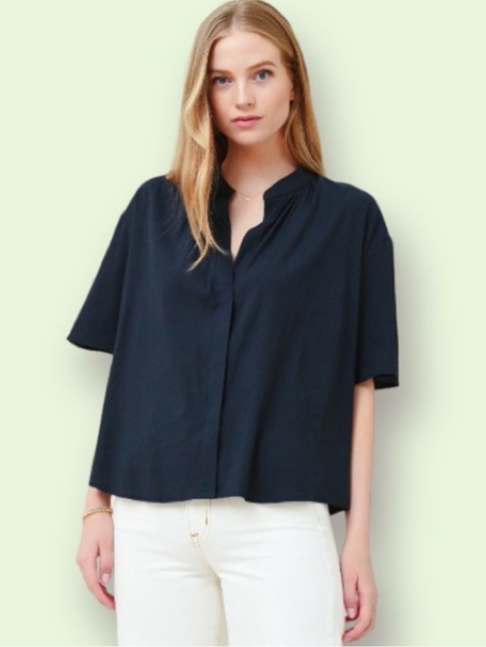Vince Women’s Shirred Band Collar Navy Blue Linen Blend Oversized Blouse
